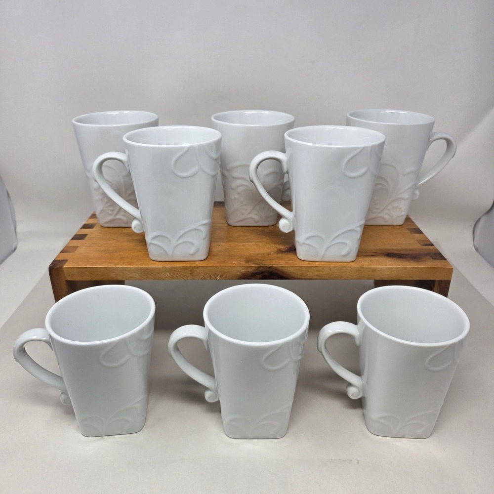 Corelle Coordinates Cherish Mug Set of 8 White Porcelain Floral Embossed VGC